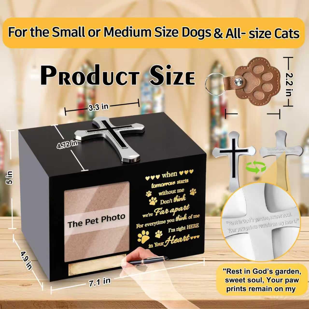 Sobotoo Personalized Wooden Pet Urn for Dogs Cats Up to 90 Lbs, Handcrafted Cremation Ashes Box with Photo Frame, Christian Cross, Fur Keychain & Sympathy Poem, Memorial Gift for Small Medium Pets