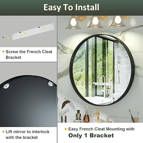 Miniatura 7 de Espejo redondo negro para pared, espejo de baño circular grande de 36 pulgadas con textura acanalada, marco de metal de aleación de aluminio, espejo