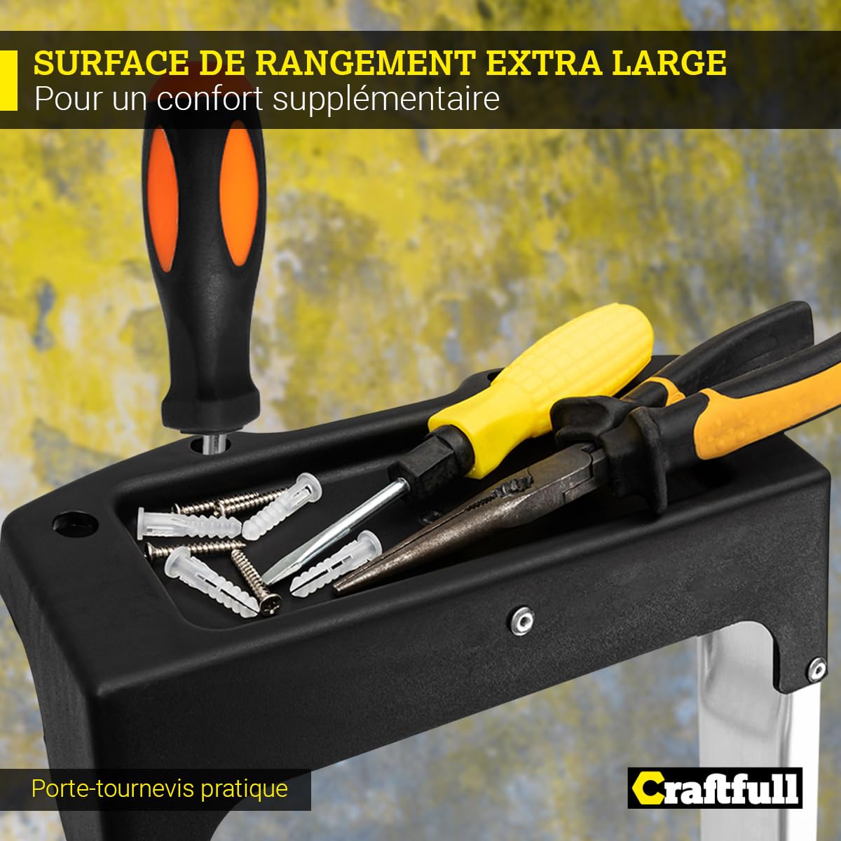 𝐂𝐑𝐀𝐅𝐓𝐅𝐔𝐋𝐋 Échelle en Aluminium CF-133B | 3-6 marches - Pliable - Jusqu’à 150 kg - Échelle ménagère avec Espace de Rangement - Échelle - Escabeau
