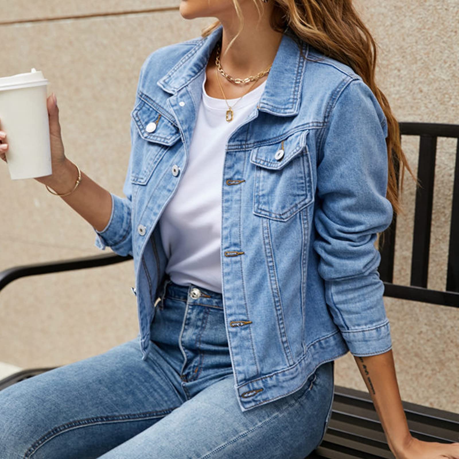 Veste basique en coton denim pour femme avec poches - Veste en jean - Blazer long - Couleur unie - Veste décontractée - Coupe-vent - Élégant blazer d'affaires