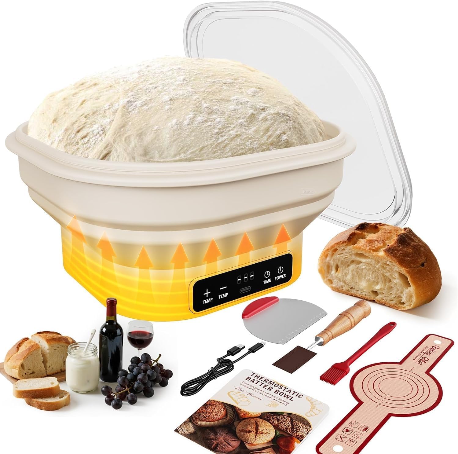Upgrade Heating Sourdough Bread Proofing Basket Kit, Electric Thermostatic Silicone Banneton Baking Supplies, 6 Adjustable Temperature, 10 Inch Square Foldable Sourdough Proofing Bowl