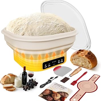 Upgrade Heating Sourdough Bread Proofing Basket Kit, Electric Thermostatic Silicone Banneton Baking Supplies, 6 Adjustable Temperature, 10 Inch Square Foldable Sourdough Proofing Bowl