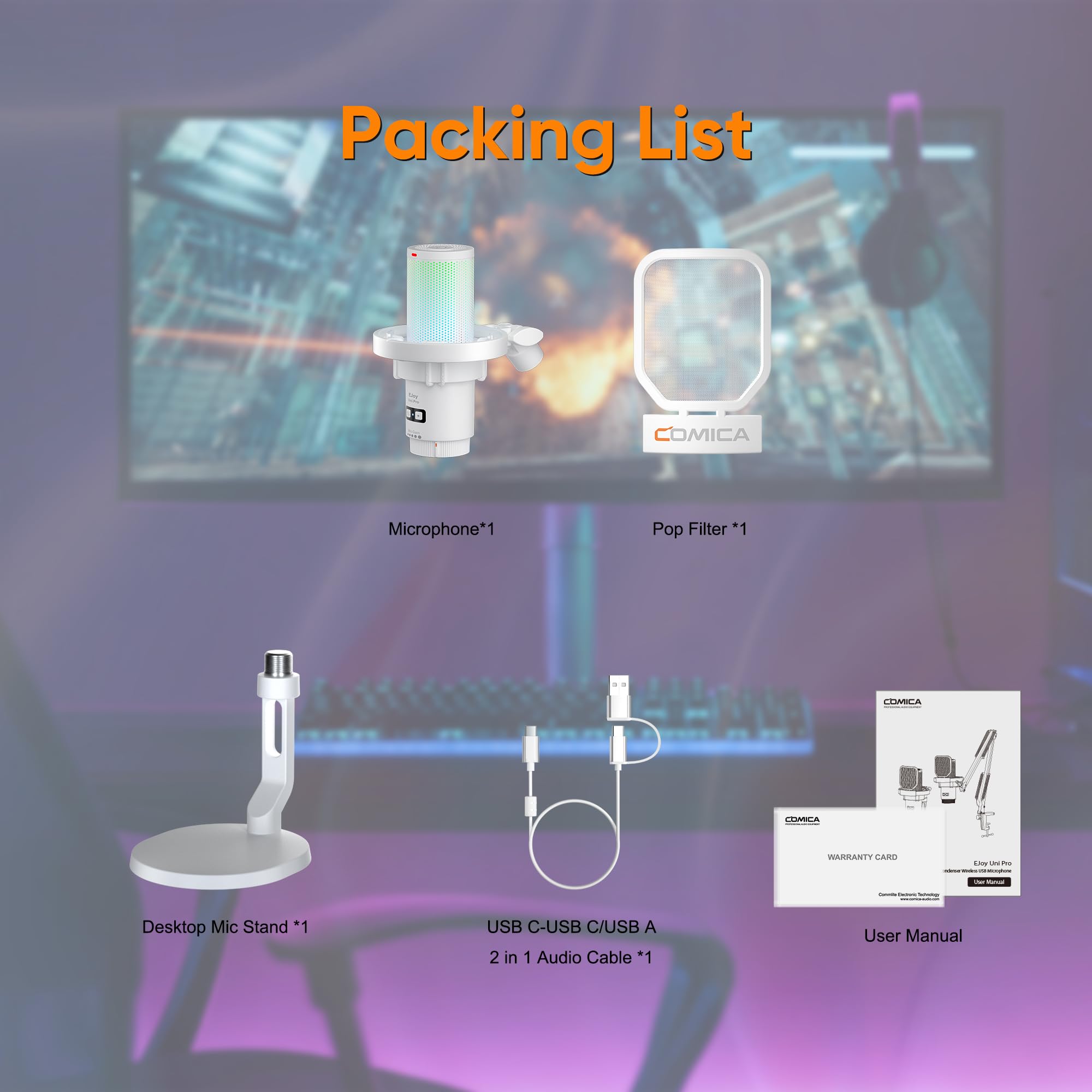 comica EJoy Uni USB Gaming Microfono per PC con Riduzione del Rumore, Monitor, Gain, Mute, Microfono Condensatore RGB per Streaming, Podcast, Registrazione, YouTube, Computer, Mac, PS4, PS5-White