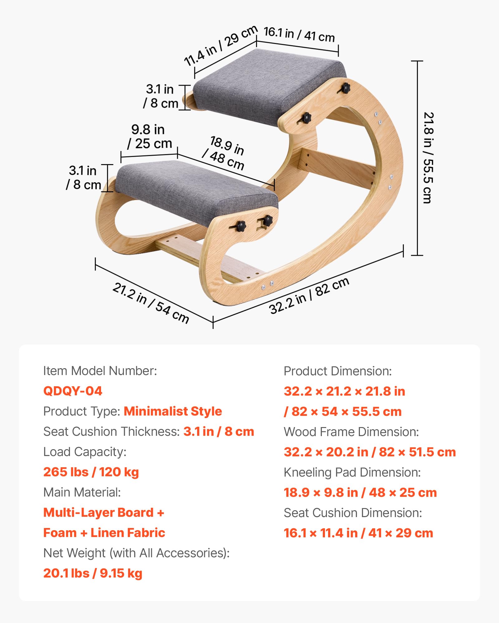 VEVOR Chaise à Genoux Ergonomique, Siège Assis Genoux Coussins en Mousse Épaisse, Réglables à 3 Niveaux, pour Maison Bureau Méditation, Cadre en Bois Massif, Soulage Tensions du Cou et du Dos, Grise