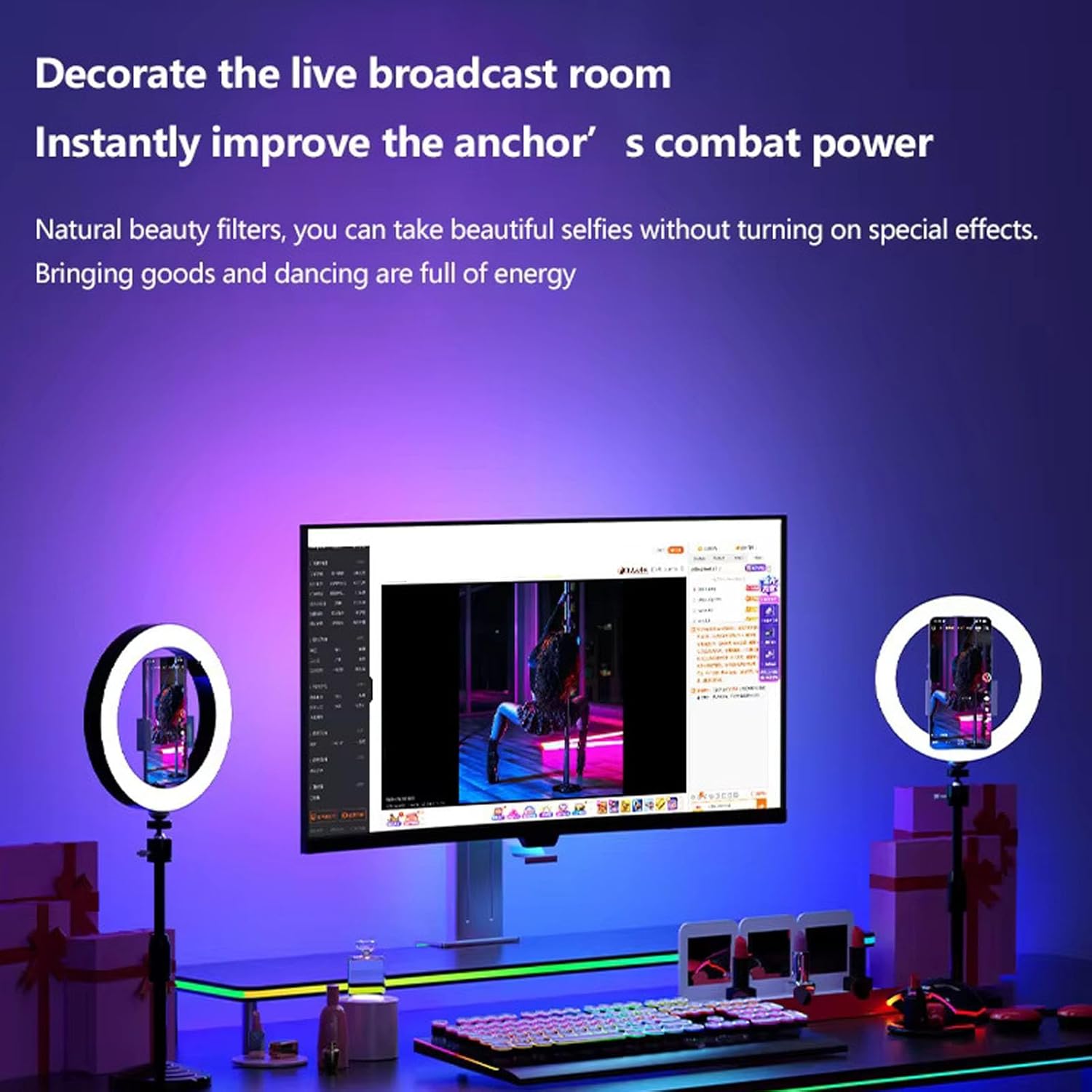 Live broadcast room setup with monitor and ambient lighting, improving visual appeal.