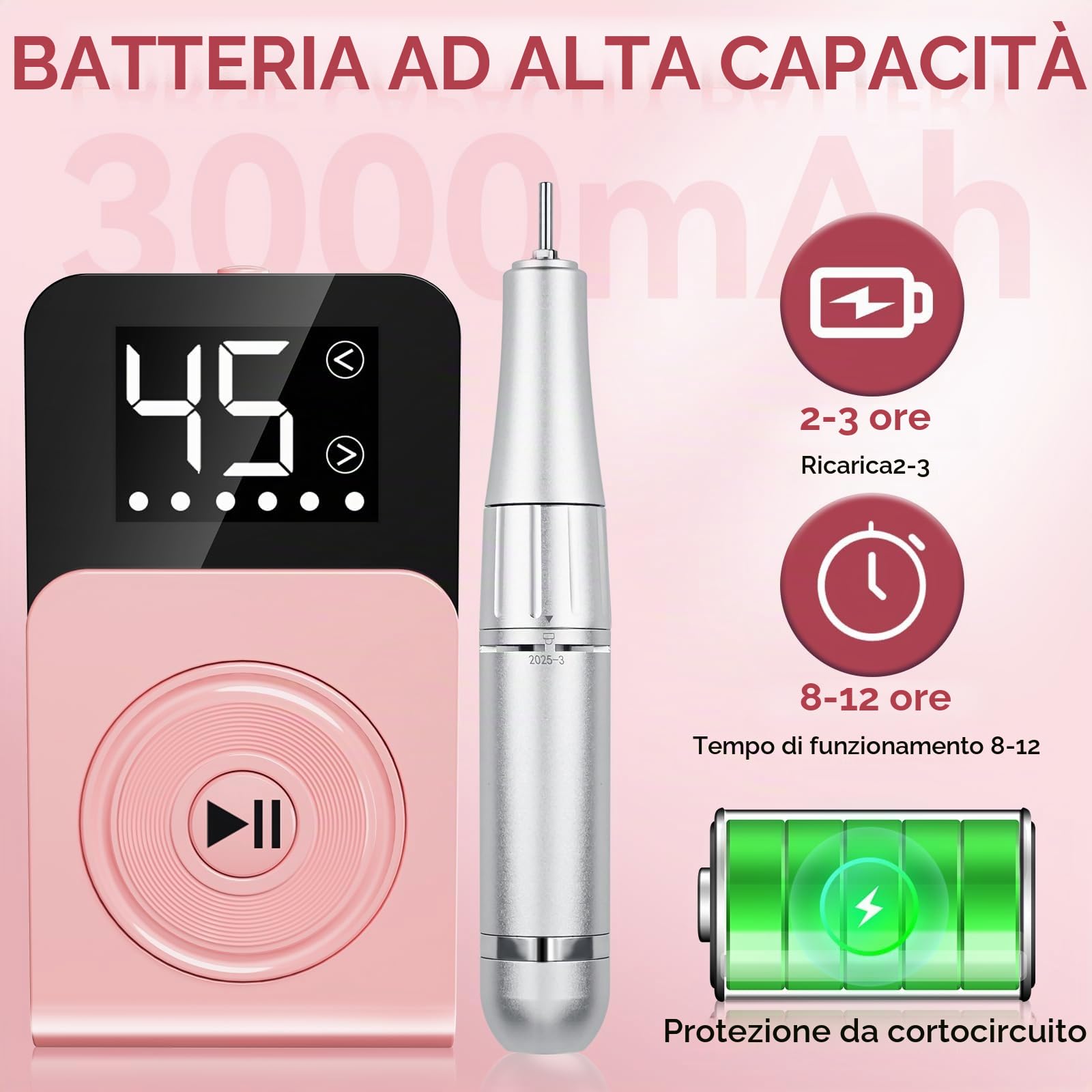 Fresa per Unghie ,Fresa per Unghie Professionale 45000 giri Con 12 in 1 4000 mAh con display LCD, Lime per Unghie Portatili per Unghie Acriliche e gel,Manicure e Pedicure (Rosa)