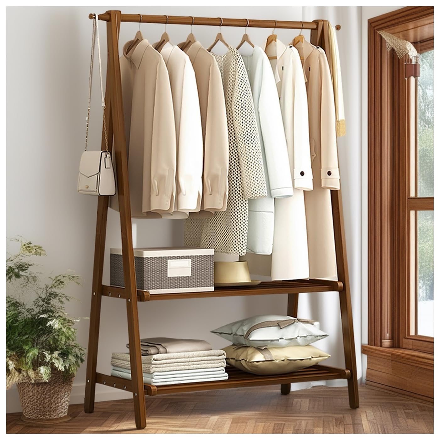 Perchero de Madera Maciza, Hanging Clothes Rail, Perchero de Madera Independiente con Ganchos, Carga máxima 100kg, para Salón, Dormitorio, Oficina, Pasillo : 66/86/116CMx40CMx160CM