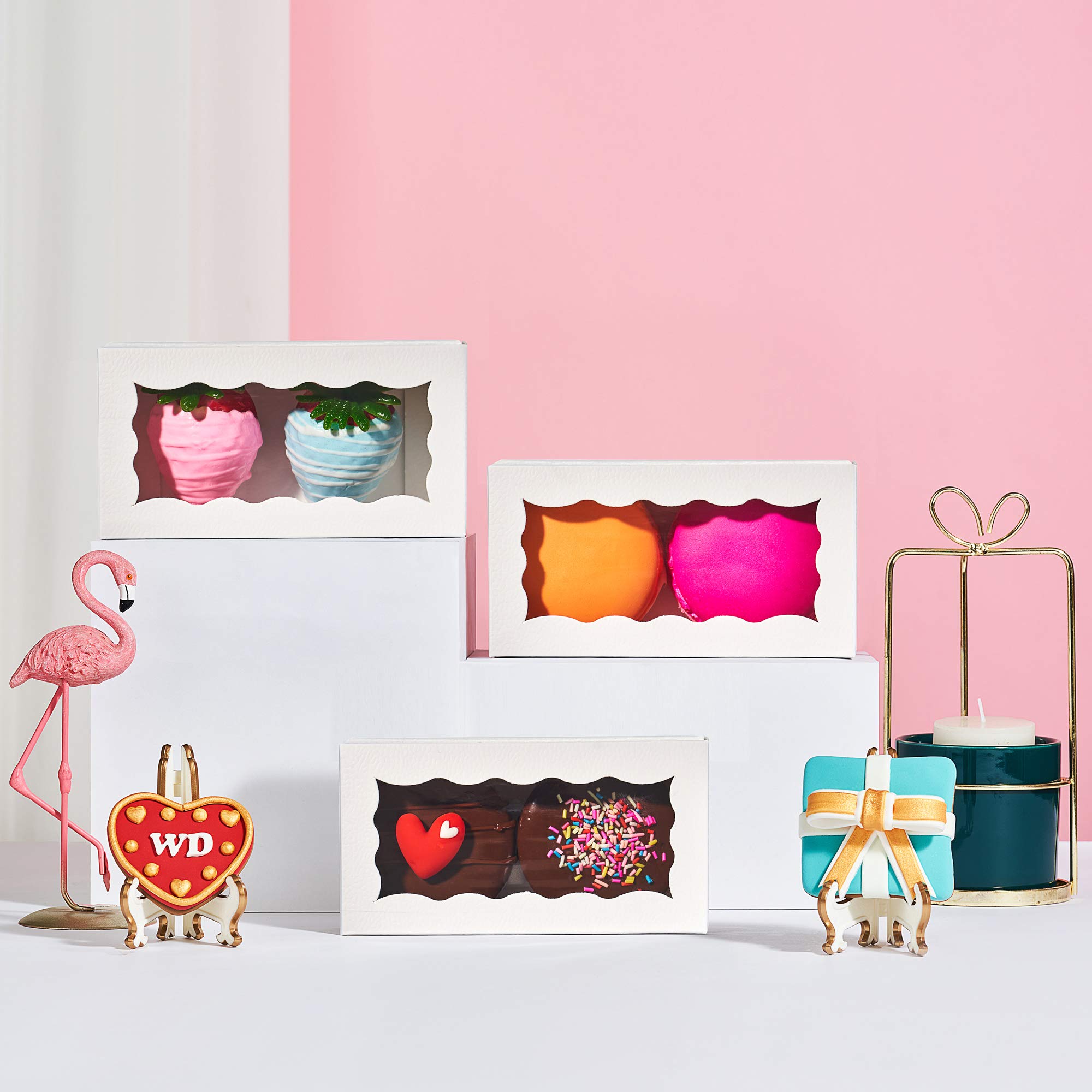 JCXGRVC 24PCS 4.17x2.16x1.37 Inches Elegant White Double Favor Boxes with Clear Window for Macaron, Chocolate, Small Cookies, Party Candy Treat Boxes