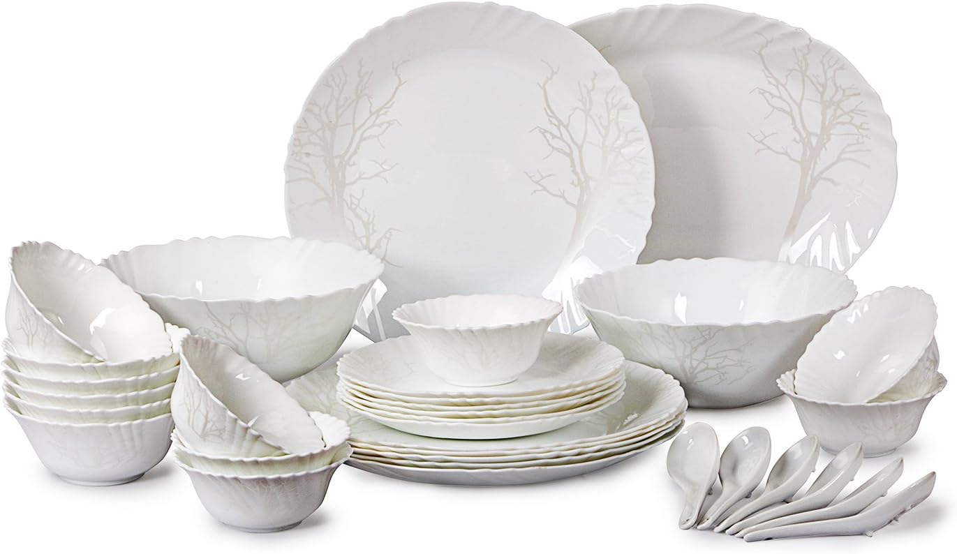 Cello Imperial Winter Frost Opalware Dinner Set, 11 inch Full Plate, 33 Units, White