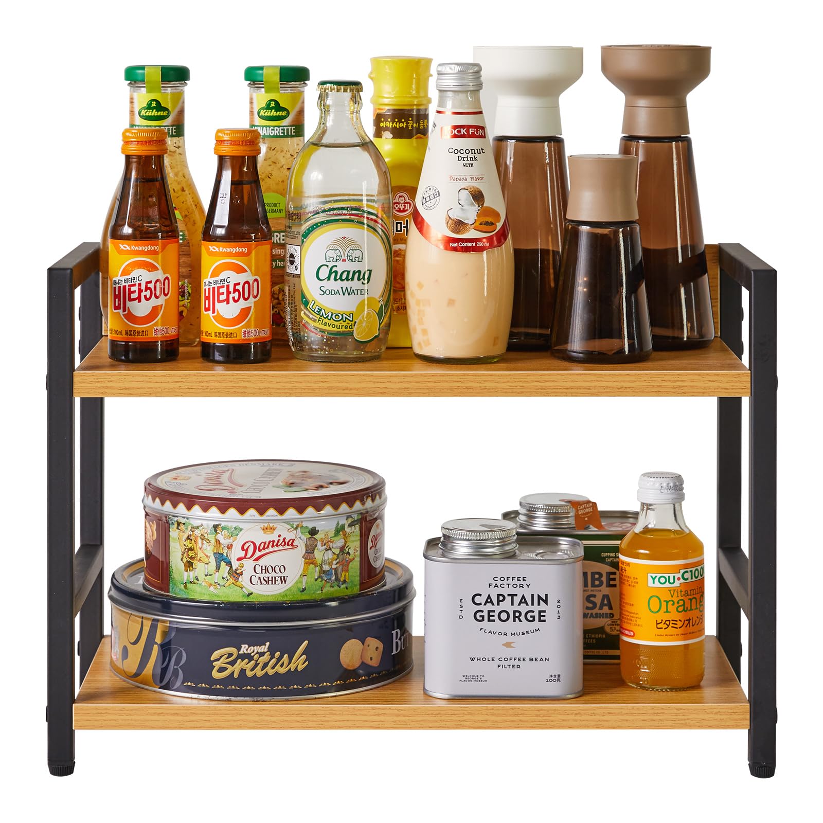 IBUYKE Étagère à épices,Rangement Cuisine à 2 niveaux,Natürlich TLJ002N | Rangement Epices cuisine Organisateur de bureau Pieds Réglables pour Salle à manger Bureau
