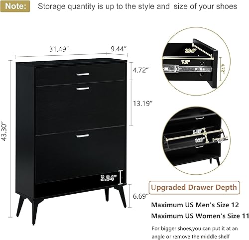 Miniatura 2 de UZUGUL Armario de zapatos para entrada, armario delgado de almacenamiento de zapatos con 2 cajones abatibles y un cajón de almacenamiento superior,