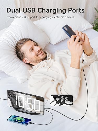 Miniatura 4 de Relojes despertadores digitales para dormitorios, relojes electrónicos con espejo LED de 8.7 pulgadas con 2 puertos de carga USB, 7 niveles de