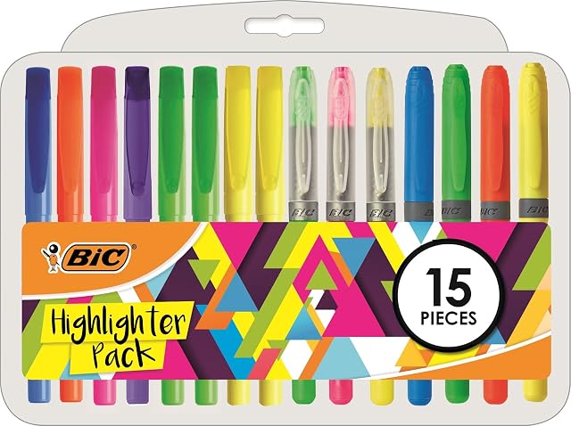 BIC Highlighter Variety Pack - 3 Types of Highlighters Create Set of 15 Items Total - Assorted, Bright Colours