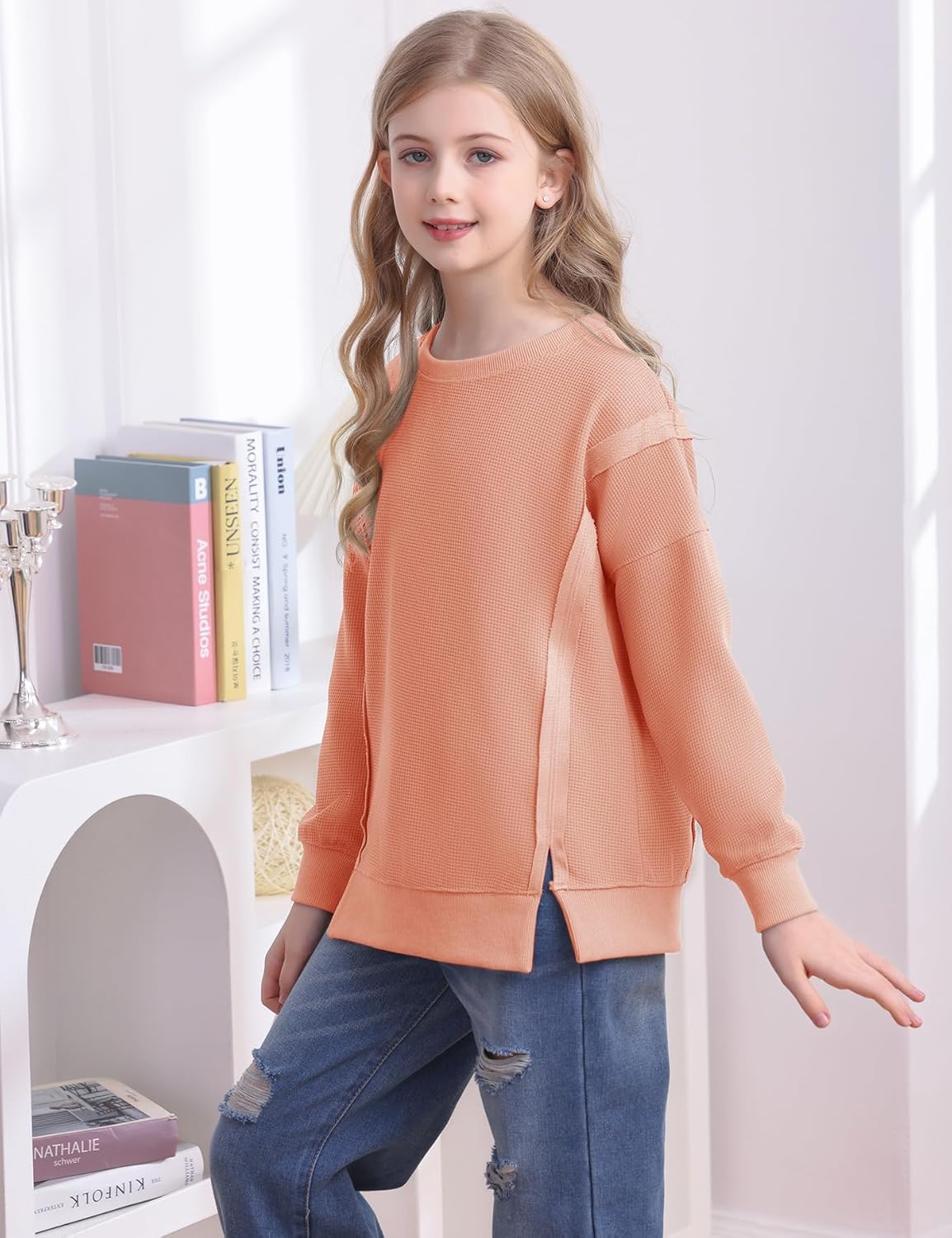 Floral Find Girls Casual Crewneck Long Sleeve Waffle Sweatshirt Side Split Loose Pullover Top - Image 3