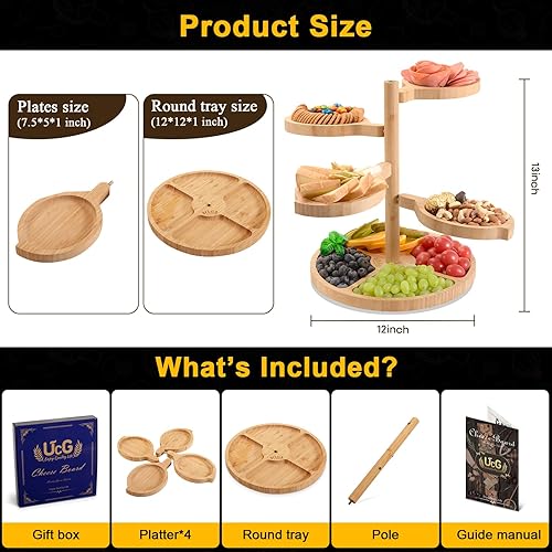 Miniatura 5 de Tablas de queso para charcutería giratorias de regalo, bambú 5 en 1, fáciles de instalar y almacenar, platos y bandejas resistentes para servir para