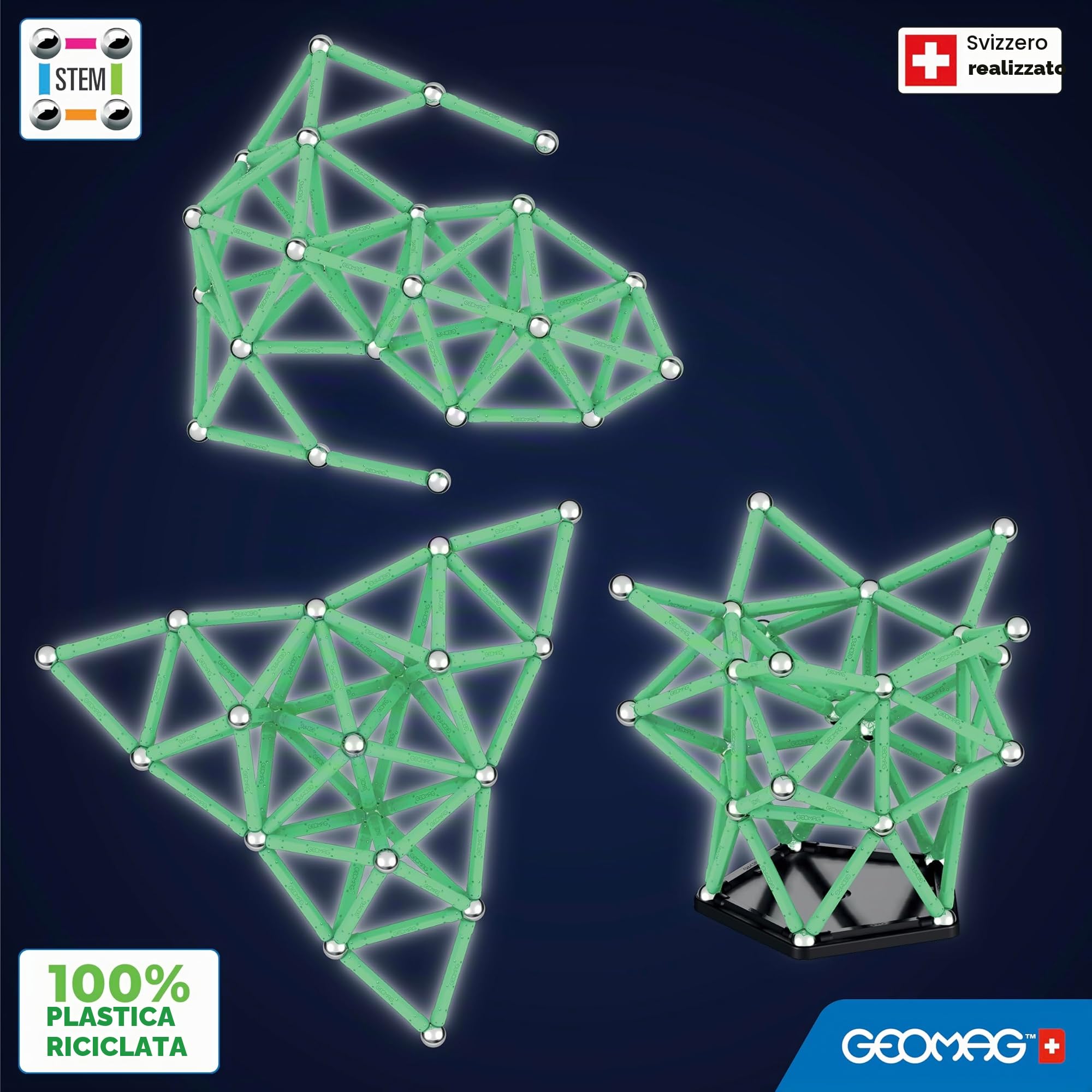 Geomag, Glow Recycled, Costruzioni Magnetiche Effetto Glow, Barrette Magnetiche che si Illuminano al Buio, Confezione da 142 Pezzi, Plastica 100% Riciclata