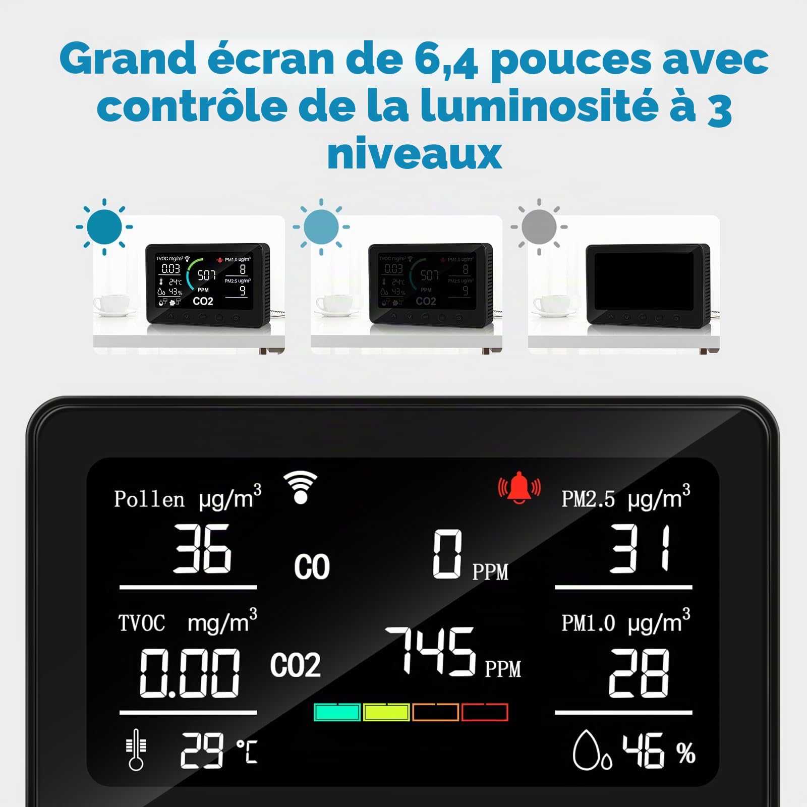 CF-30 Appareil de mesure de la qualité de l'air pour pollen, CO2, PM2,5, PM1,0, TVOC, température, humidité, CO2 avec grand écran LCD, application de configuration et historique des données