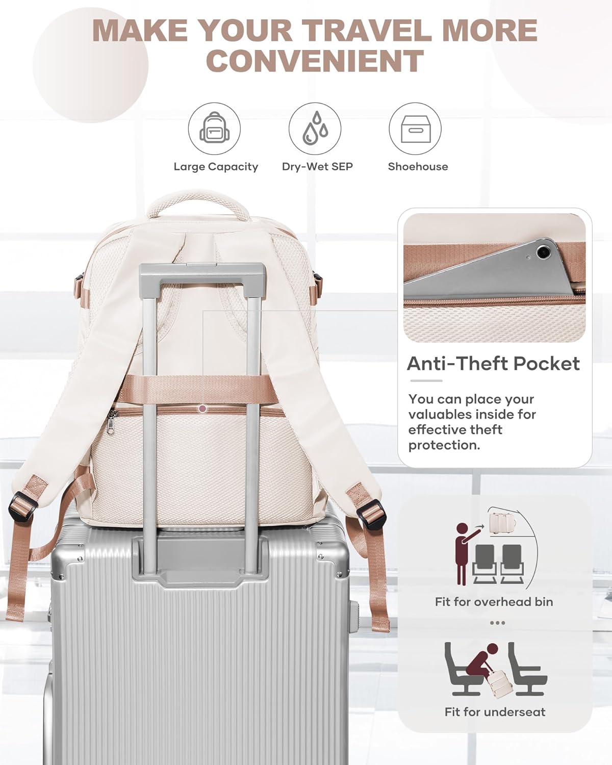 coowoz Travel Backpack Carry On for Women Man Gym Backpacks with Laptop Compartment Mochila de Viaje Teacher Personal Item Backpack Airplane Accessories Must Haves Beige Brown 20L - Image 4