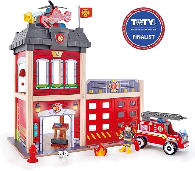 Sustainable Wood Toy Hape Large Fire Station Playset With Battery-Powered Alarms, Fire Fighter, Rescue Dog And Helicopter. 3 years +
