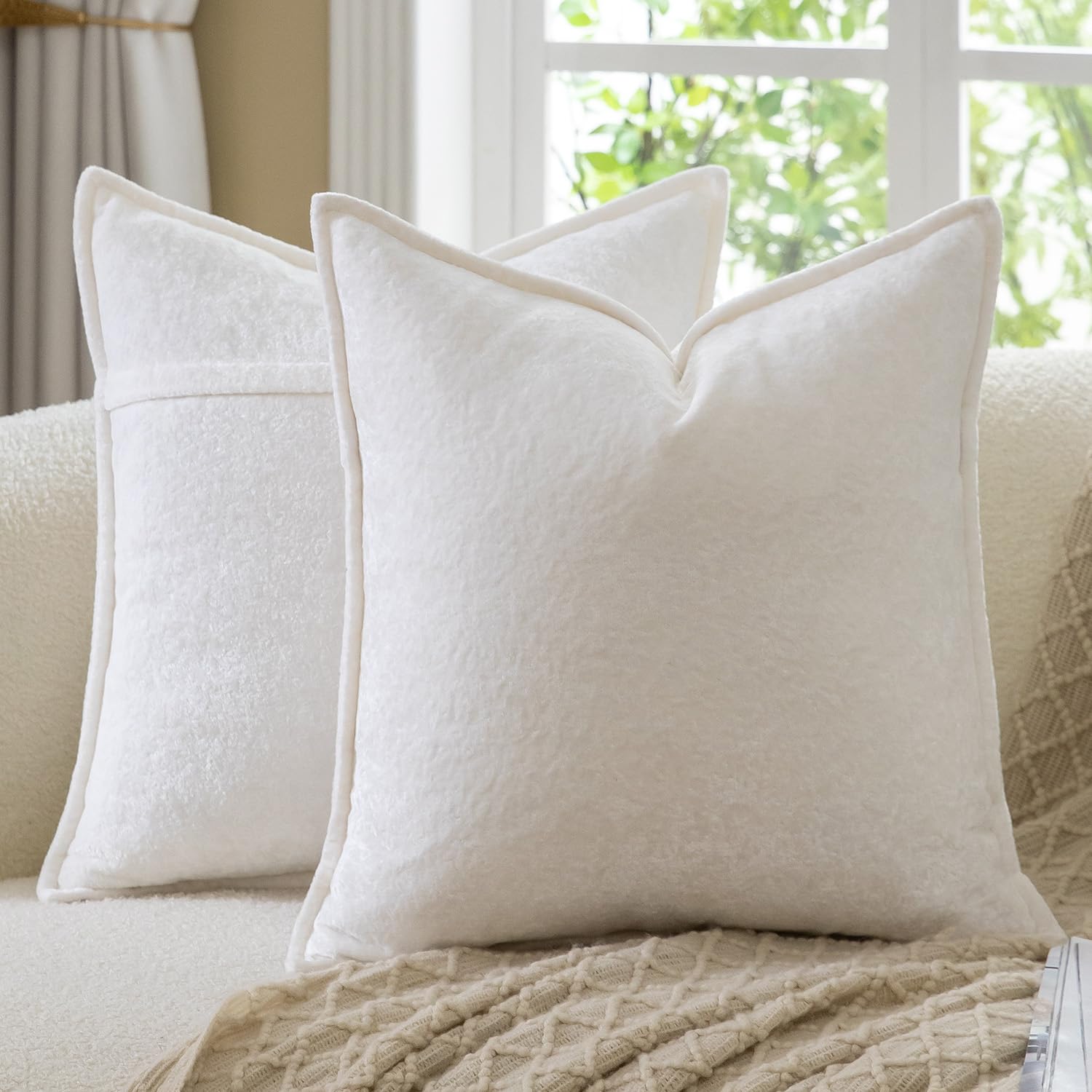 Madizz Decorative Vintage Chenille Cushion Covers Pack of 2 Plaid Couch Pillows Neutral Boho Farmhouse Euro Sham Covers Home Decor for Couch Sofa Bedroom Living Room 60x60 CM, Pure White