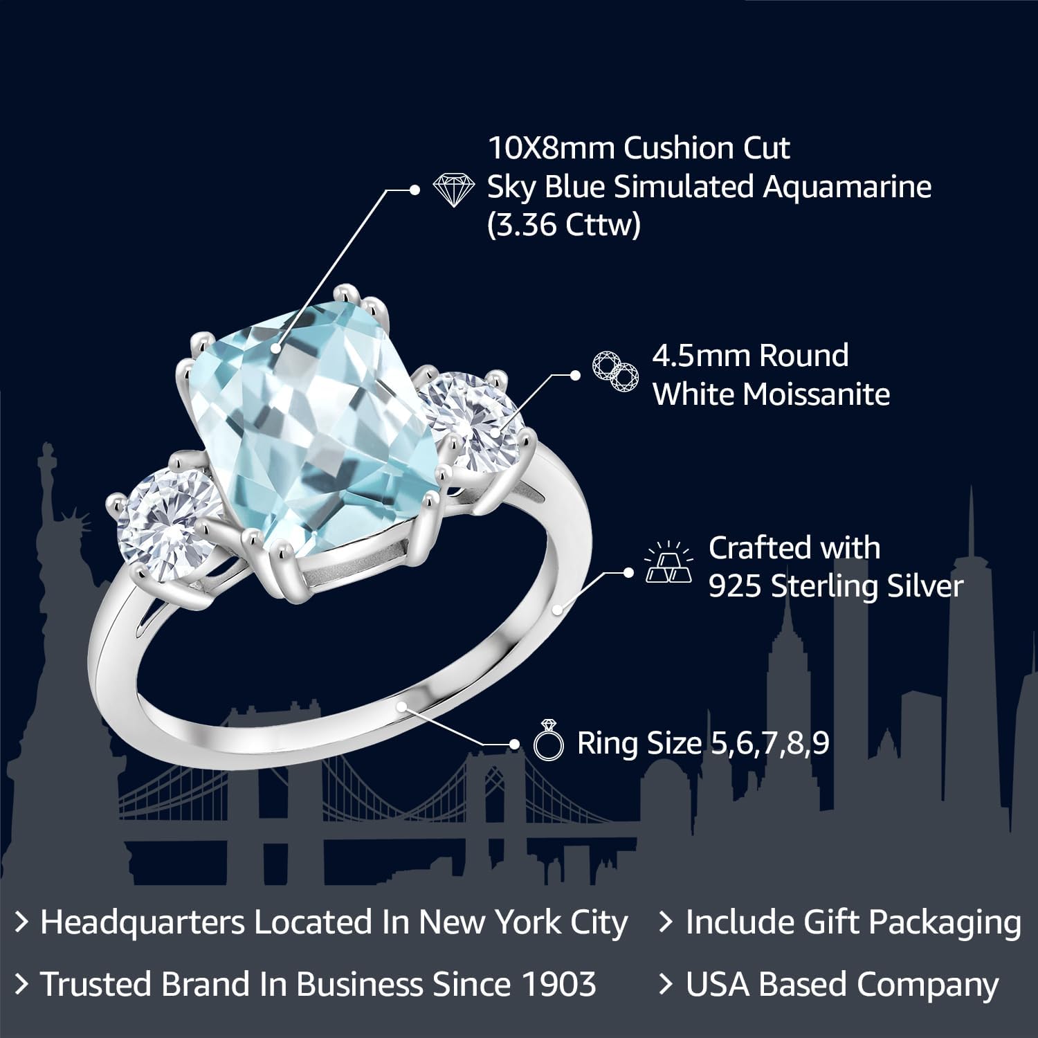 Gem Stone King 3.36 Cttw Sky Blue Simulated Aquamarine and Moissanite 3-Stone Ring For Women | 925 Silver | Cushion 10X8MM | Round 4.5MM | 3 Stone Wedding Engagement Anniversary Ring - Image 2