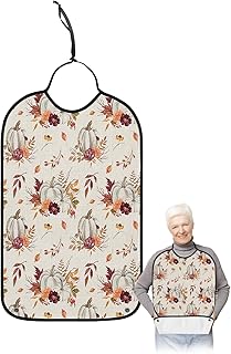 Famehouse Pumpkins Adult Bib for Eating with Crumb Catcher,Washable & Waterproof Terry Cloth Adjustable Elderly Women Men Adult Bibs Funny Clothing Protector Fall Thanksgiving Leaves Autumn Holiday