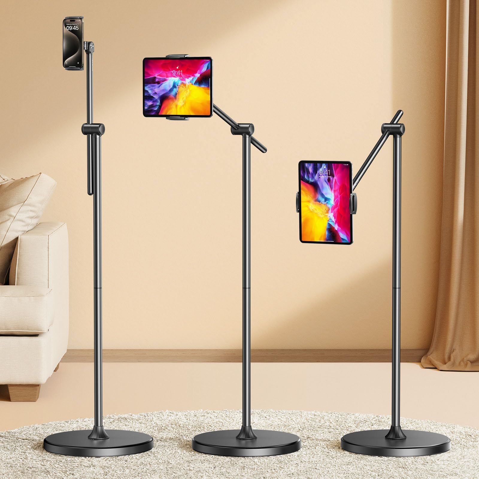 - DIMONCOAT [Height-Adjustable & 360° Rotation Tablet Floor Stand Stable Base, Aluminum Alloy iPad Stand Floor Holder for iPad Mini Air Pro 12.9/9.7, Monitor, Kindle, iPhone 16, Cell Phones (4.7"-15.6")