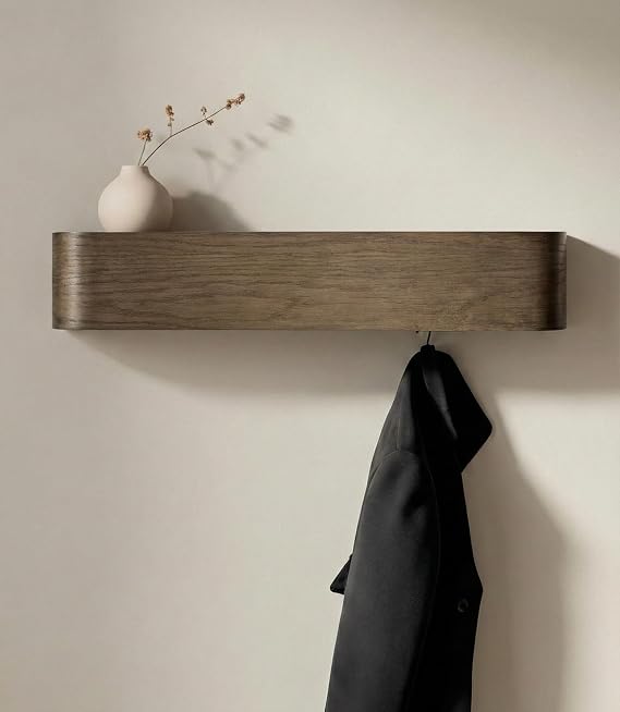 Kazai. Wall-Mounted Coat Rack 'Toke' - Modern Design Coat Rack with Hidden Wall Hooks - Solid Wood Veneer Panel Coat Hanger - Oak, Dark