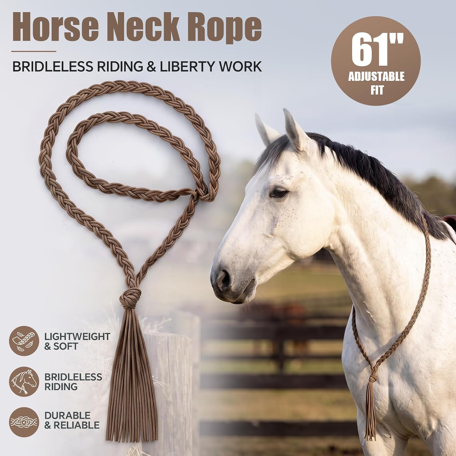 Nylon Horse Neck Rope 61 Inches, Equestrian Training Aid for Bridleless Riding and Liberty Work, Adjustable Cord for Better Communication and Seat Control