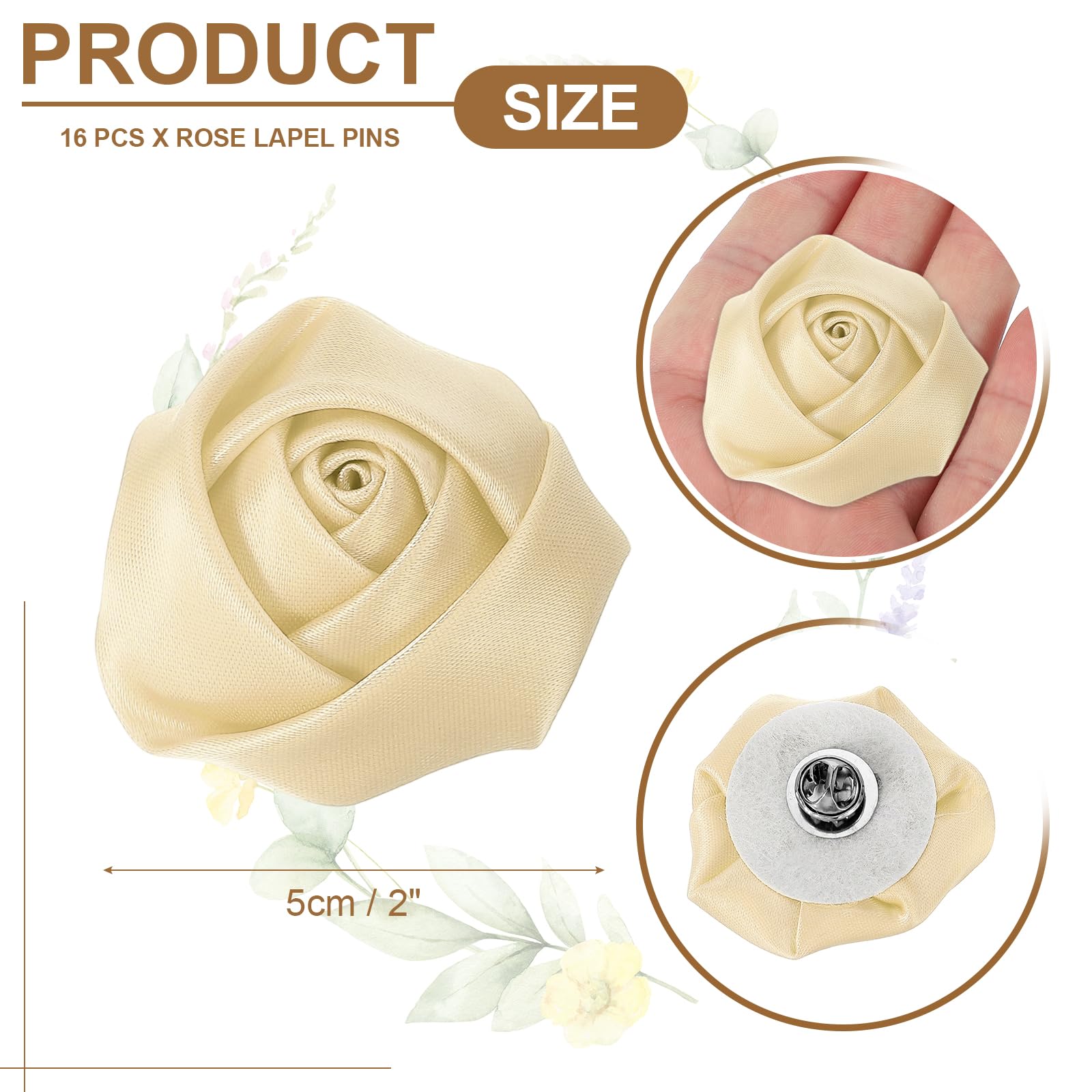 QUARKZMAN 16 Pcs Fleurs de Revers pour Hommes Costumes, Broche de Revers de 2 Pouces en Satin Rose Artificielle pour Hommes Boutonnières de Cérémonie de Mariage Fête Bal, Beige