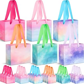 Ctosree 24 Pcs Mini Gift Bags 4.72 x 2.36 x 3.94 Inches Small Goodies Paper Bags with Handle Bulk for Holiday Party Favor Wrapping (Gradient,Watercolor Tie-dye)