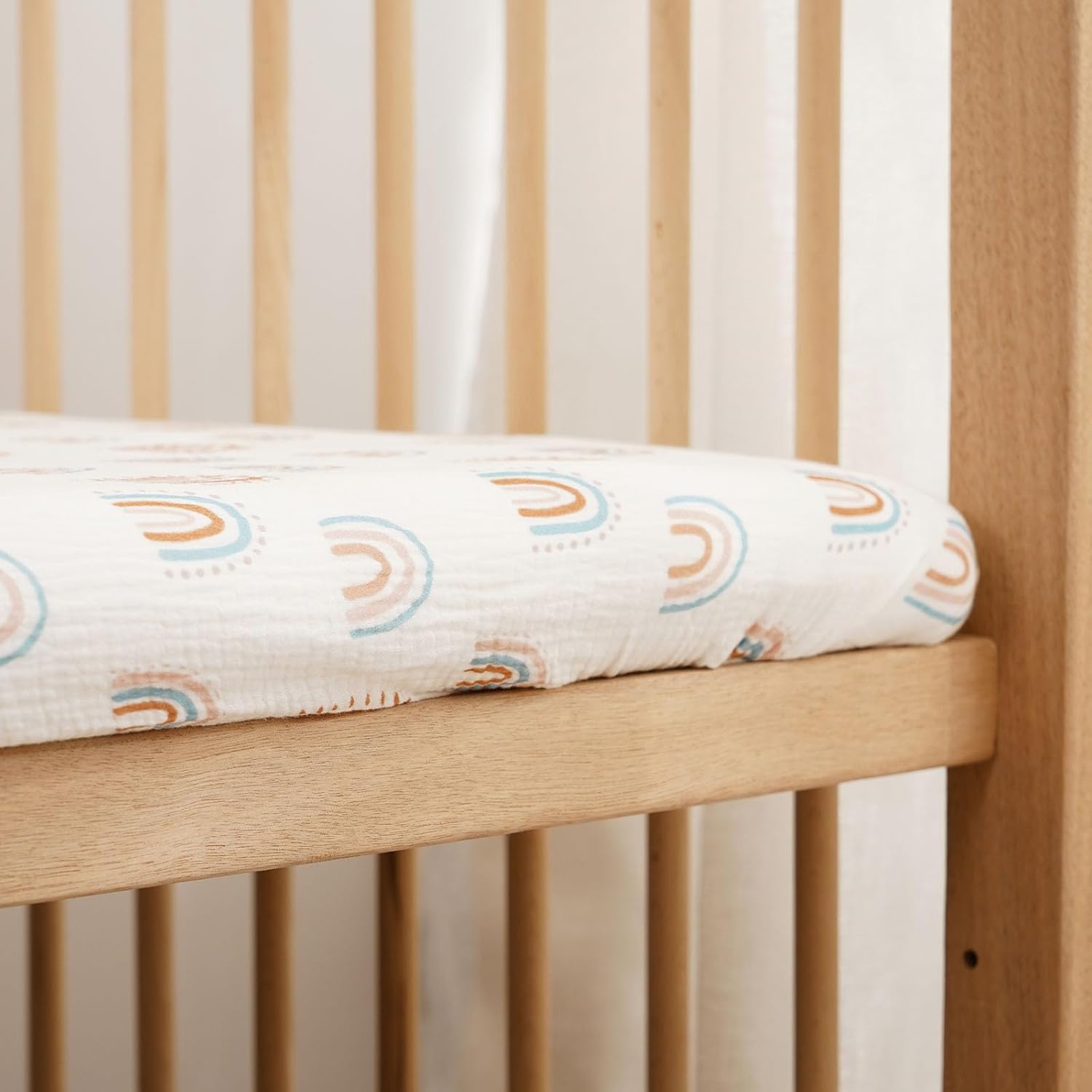 Muslin Crib Sheets–100% Organic Cotton Baby Sheets for Boys & Girls,2 Pack Muslin Mini Crib Sheets for Toddler Mattress,Breathable Crib Mattress Sheets 28''x52''(Rainbow)