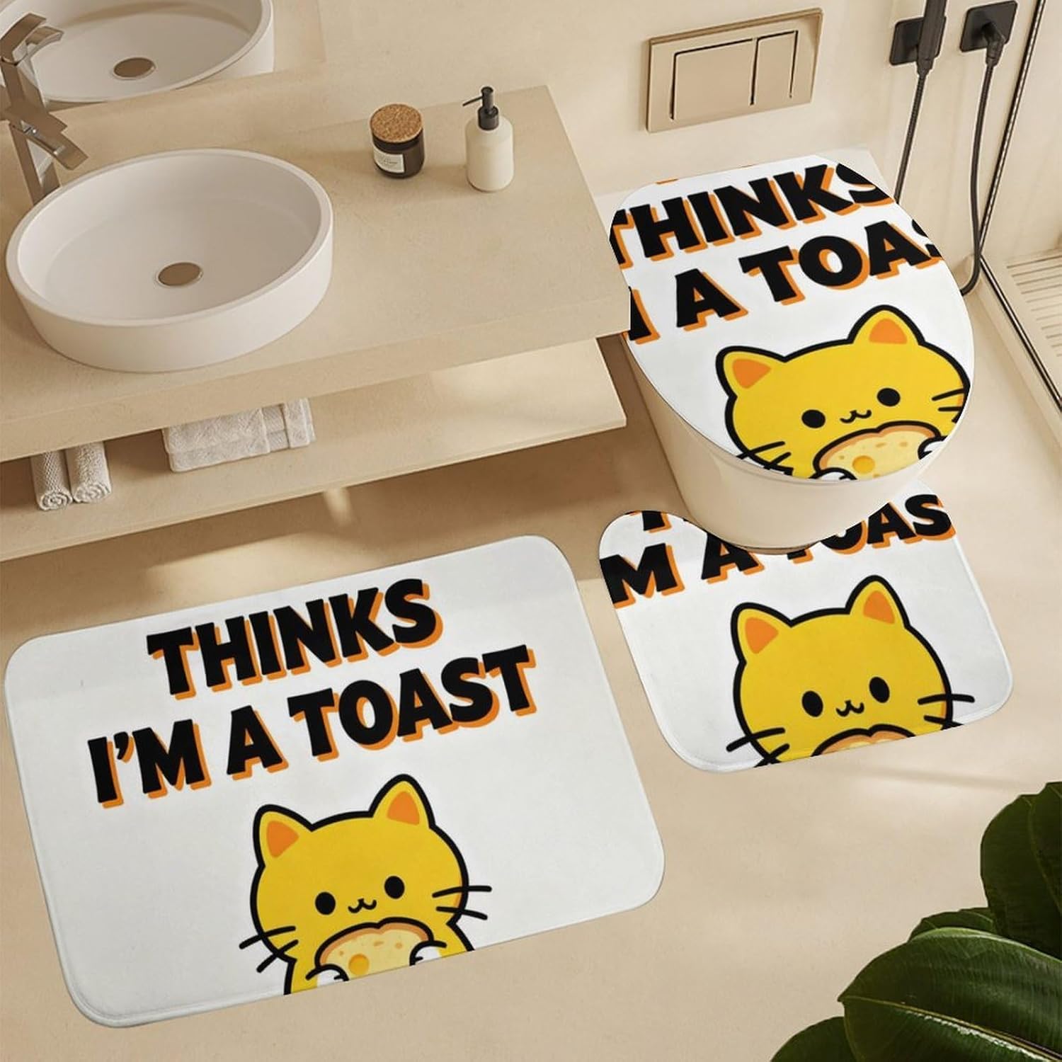 4 Piece Bathroom Rug Set with Shower Curtain, Non-Slip Bath Mat Toilet Cover Set, Holding A Hamburger Bathroom Rug Sets