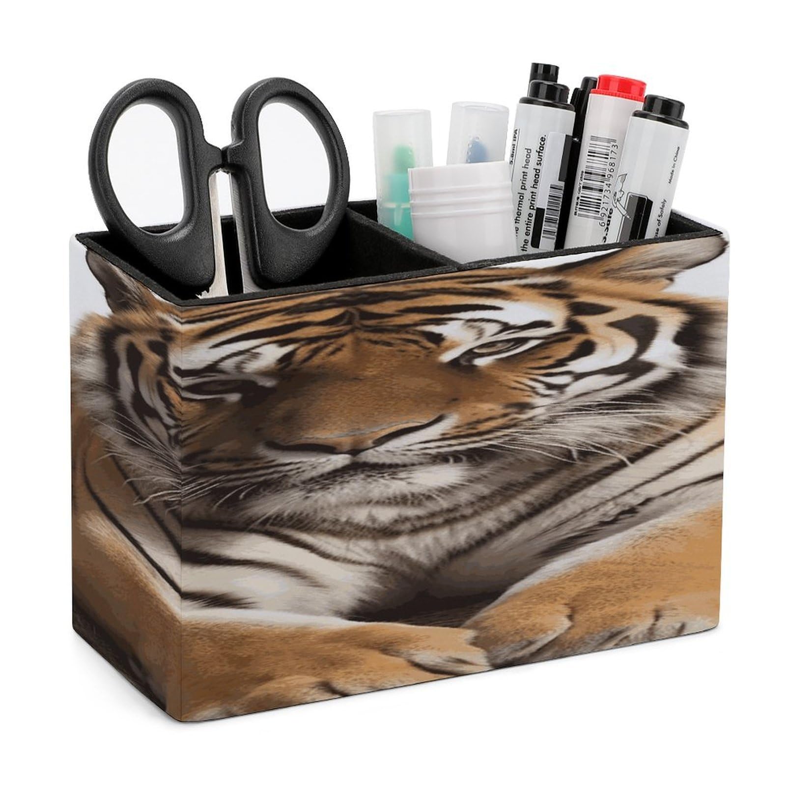 FekiLoot PU Leather Big Tiger Pen Holder for Desk 2 Compartments Desktop Stationary Organizer Rectangle Table Pencil Cup Stand Desktop Stationery Organizer Case for Office Home