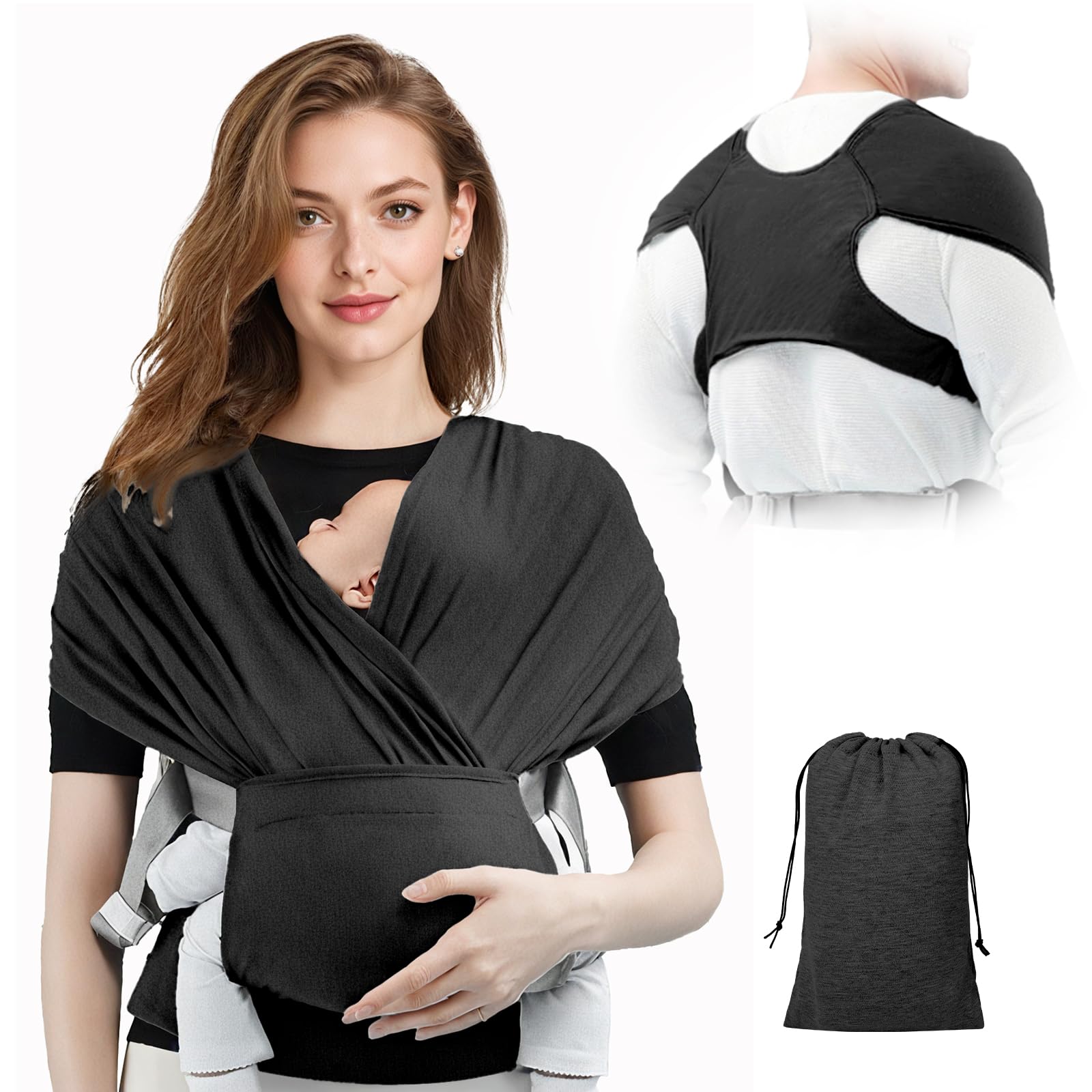 AOOWU Tragetuch Baby Neugeborene mit Schnalle, Freihändiges Babytragetuch im T-Shirt-Design, Einfach Anzuziehen, Babytrage Multi-Use bis 15 kg, Babywickel Träger (Dunkelgrau, Schnallenstil)