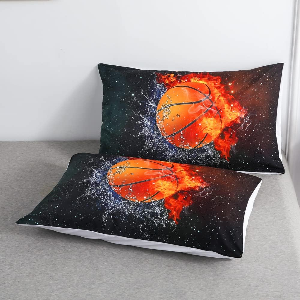 Sports Basketball Comforter Sets Twin Size Bed Set- 2PC Ice Flame Galaxy Basketball Boys Quilt Bedspread Bedding Set（Comforter x 1 Pillowcases x 1）