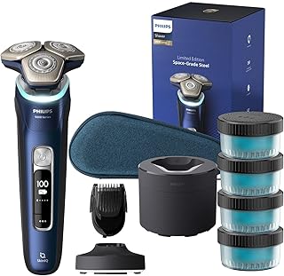 Philips Serie 9000 Afeitadora Eléctrica Hombre, Máquina de Afeitar Barba con Barbero, 60min de uso, En Seco y Húmedo, Recargable, Centro de Limpieza, Base Carga Iluminada, 4 Cartuchos, S9980/74, Azul