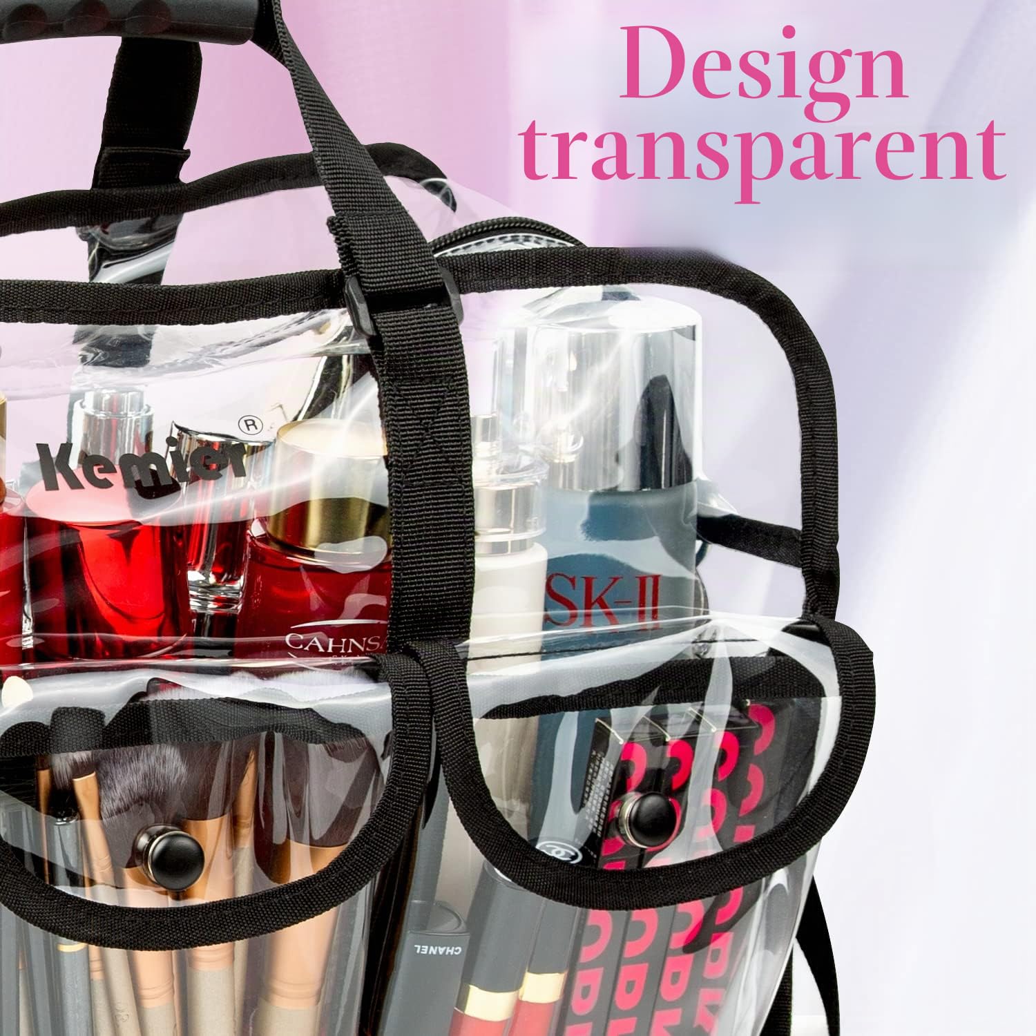 Sac Transparent de Trousse de Maquillage pour Voyage avec 6 Grandes Poches Extérieures étui de Rangement Cosmétique avec Bandoulière
