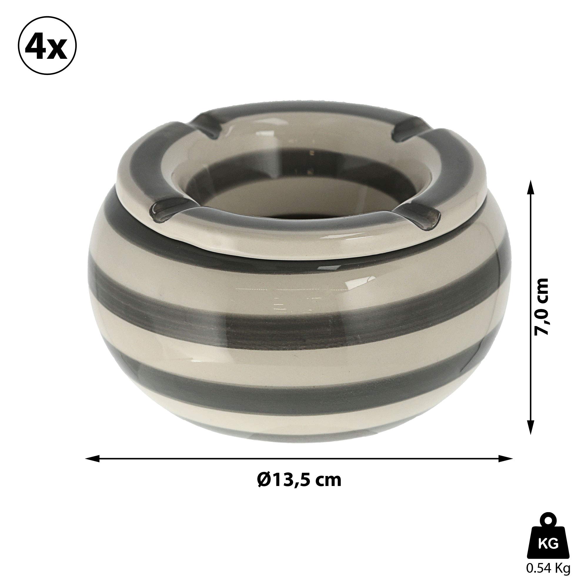 Lot de 4 cendriers anti-tempête │ Ø 13,5 cm rayé gris et blanc │ Cendrier coupe-vent avec couvercle (1 x lot de 4 cendriers anti-tempête 13,5 cm)