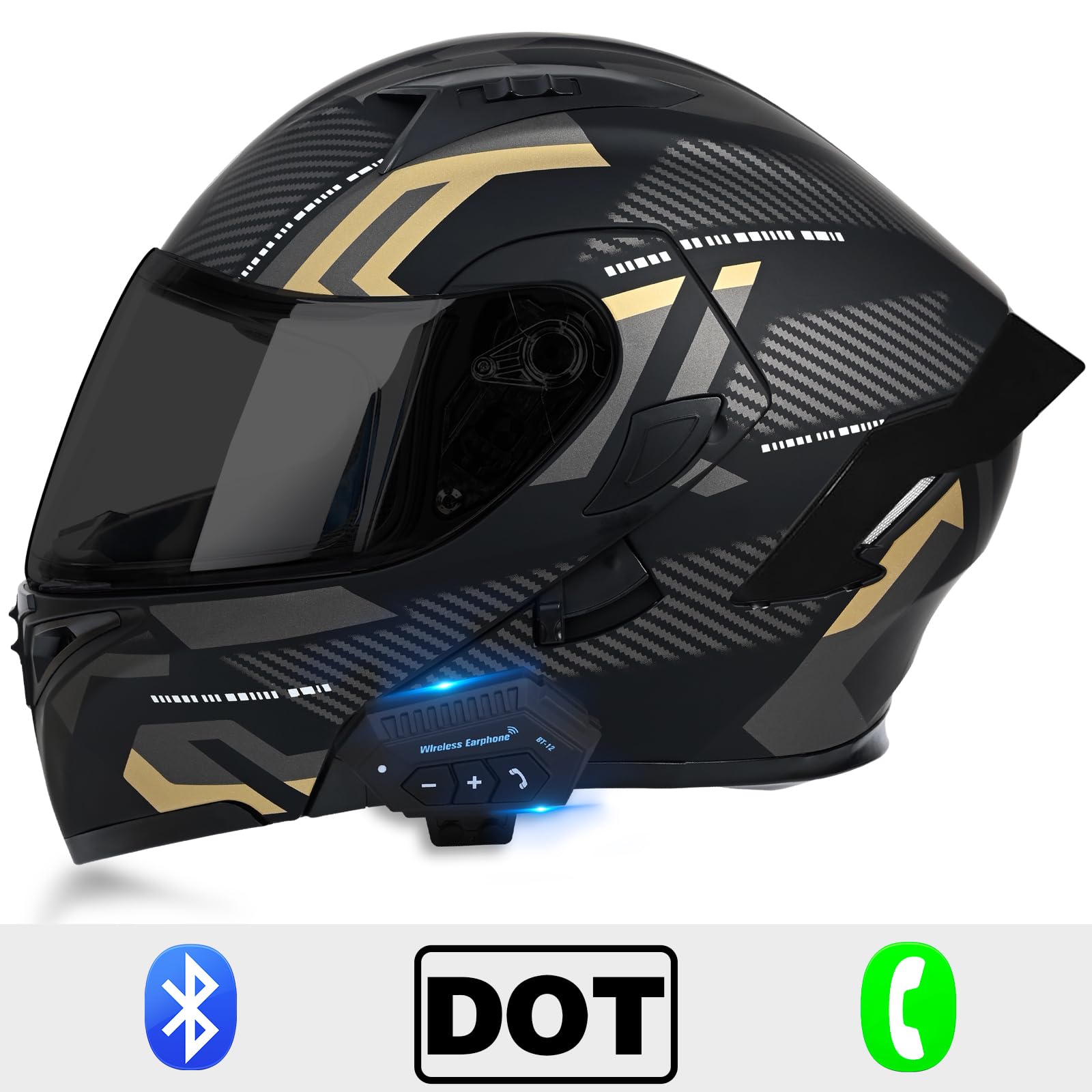 Motorcycle Bluetooth Modular Helmet, DOT Approved Dual Visor Full Face Flip Up Bluetooth Integrated Motorcycle Helmet for Adults Men and Women