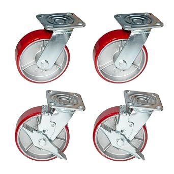 6 Inch Caster Wheels, Heavy Duty Casters Set of 4 with Polyurethane Wheel, Industrial Polyurethane Caster Wheels with Capacity 4000lbs for Workbench,Tool Box,Dolly, 2 with Brakes and 2 Without