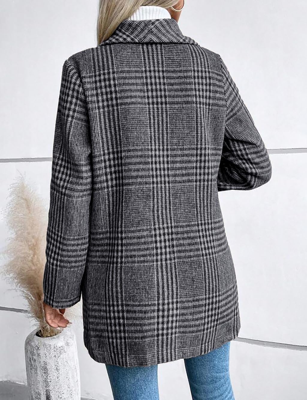 IDEALSANXUN Blazer long en laine à carreaux pour femme - Tenue d'automne - Trench d'hiver à manches longues - Décontracté - Veste habillée à revers - Caban