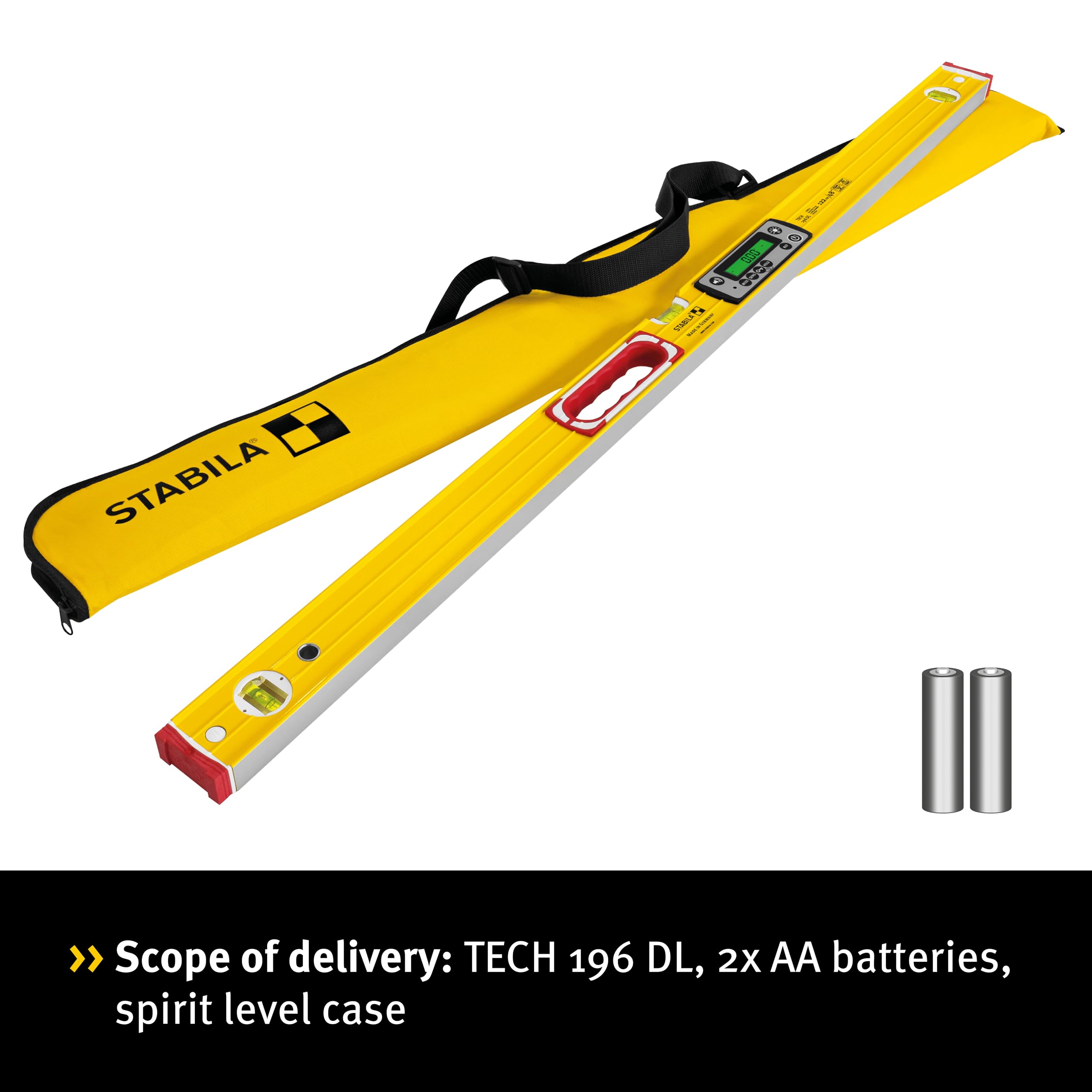 STABILA Poziomica elektroniczna TECH 196 DL – cyfrowa poziomica wodoodporna i pyłoszczelna zgodnie z IP 67, 2 wyświetlacze cyfrowe, bez kalibracji z torbą, 122 cm, żółta