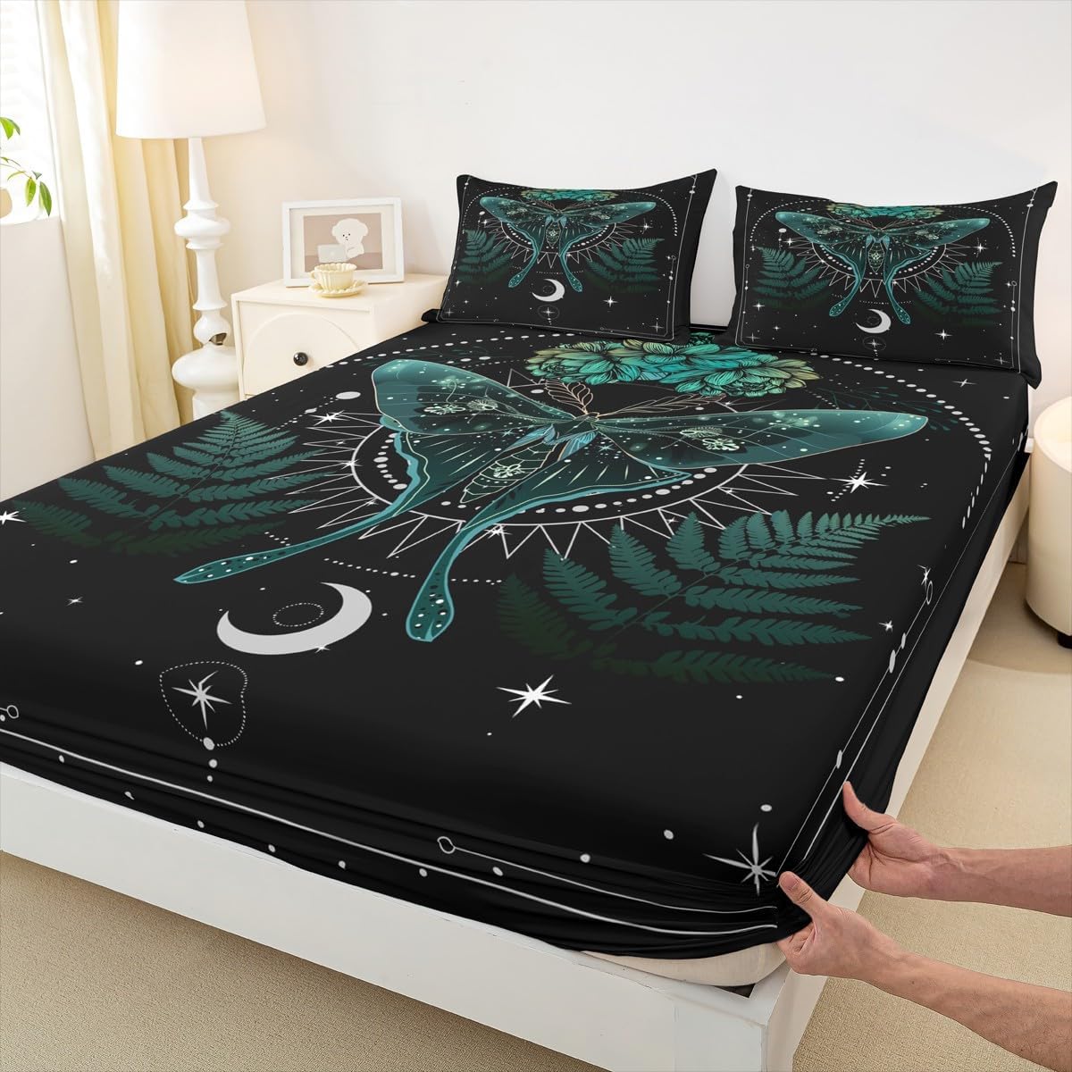 Castle Fairy Moth Bed Sheet Set King Size,Boho Stars Moon Space Leaves Plant Deep Pocket Fitted Sheet,1 Flat,2 Pillowcases,Gothic Animal Galaxy Bed Mattress Cover, Bedroom Decor