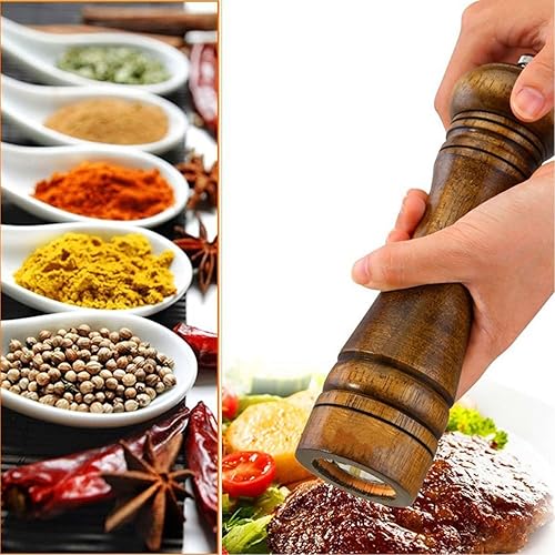 Miniatura 2 de BINHAI Molinillo de pimienta de madera, molinillo de pimienta, molinillos manuales sólidos con molinillos de cerámica ajustables fuertes, juego de 8