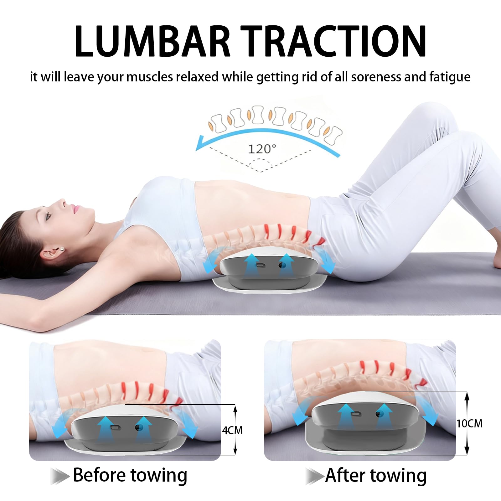Apparecchio per Massaggio Lombare, 4 in 1 Massaggiatore per Schiena Senza Fili con Trazione Tramite Airbag, Impacco Caldo, Massaggio Vibrante, Elettroterapia EMS