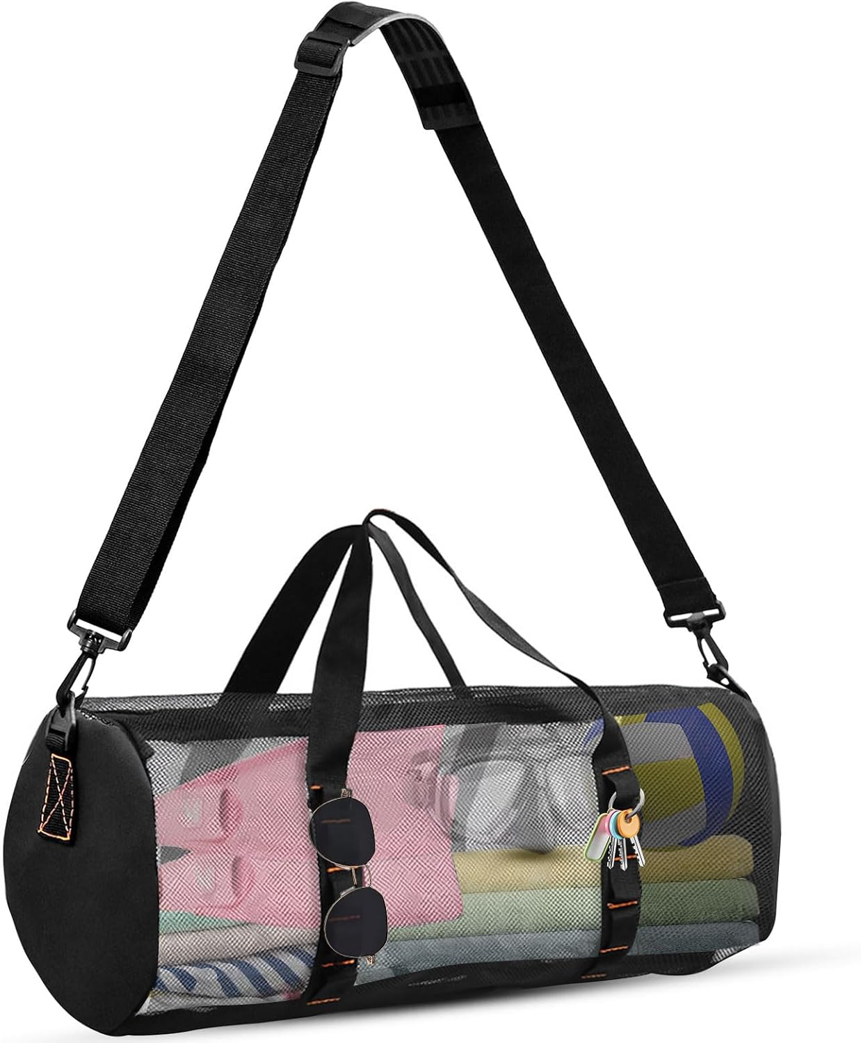 Mesh Beach Duffel Dive Bag Tote Portable Cylindrical 23'' 36L Large Travel Duffel for Scuba Diving or Snorkel Equipment with Zipper hanging rings Shoulder Strap Hand Handles Filtable