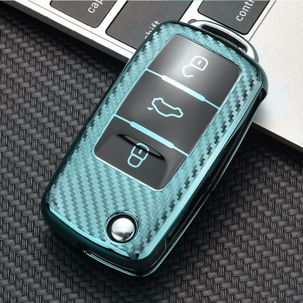 HIBEYO TPU Carbon Fiber Texture Car Key Fob Cover with Keychain fits for Volkswagen Vw Jetta GTI Passat Golf Tiguan Beetle Polo Skoda Car Key Case Cover Smart Remote Car Key Holder 3 Button Green