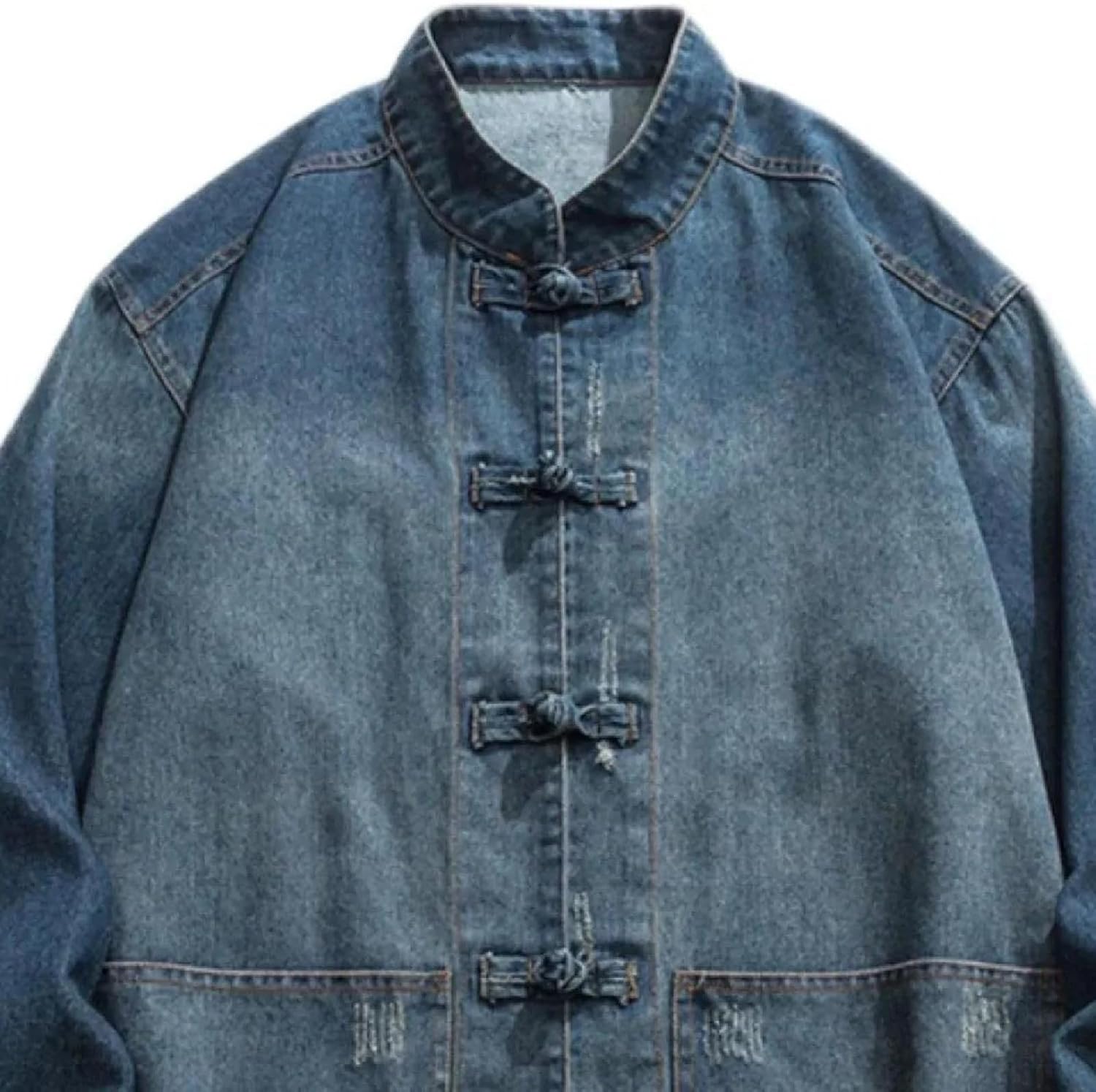 Men's Spring Retro Washed Denim Jacket - Long Sleeve Stand Collar Vintage Shirts Fashion Coat