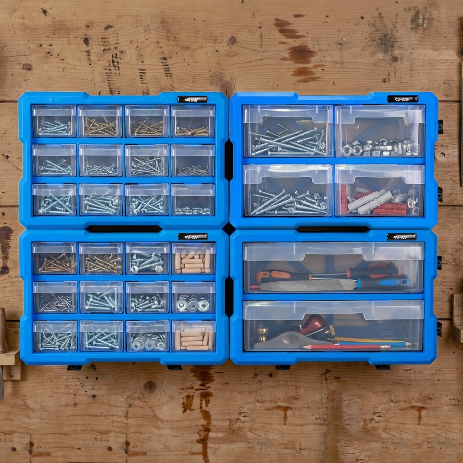 HMF Scatola organizzatrice per minuteria con 12 cassetti, cassettiera portaminuteria espandibile per viti e utensili | 24 scomparti | 29,5 x 19,5 x 16 cm | Blu-Nero